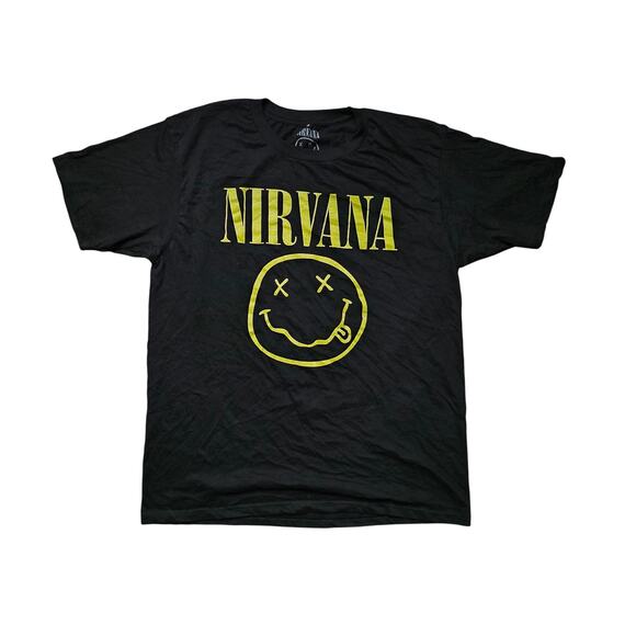 Nirvana Smiley Face Graphic T-Shirt Men’s L Black Rock Band Tee - Picture 1 of 4